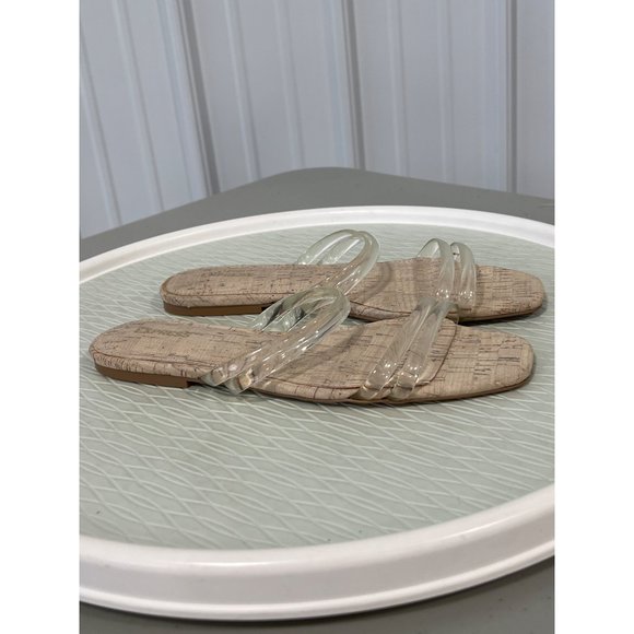 Express Clear Strap Slide Flat Sandals Womens 8 Open Toe Cork Cream Summer - Picture 3 of 8